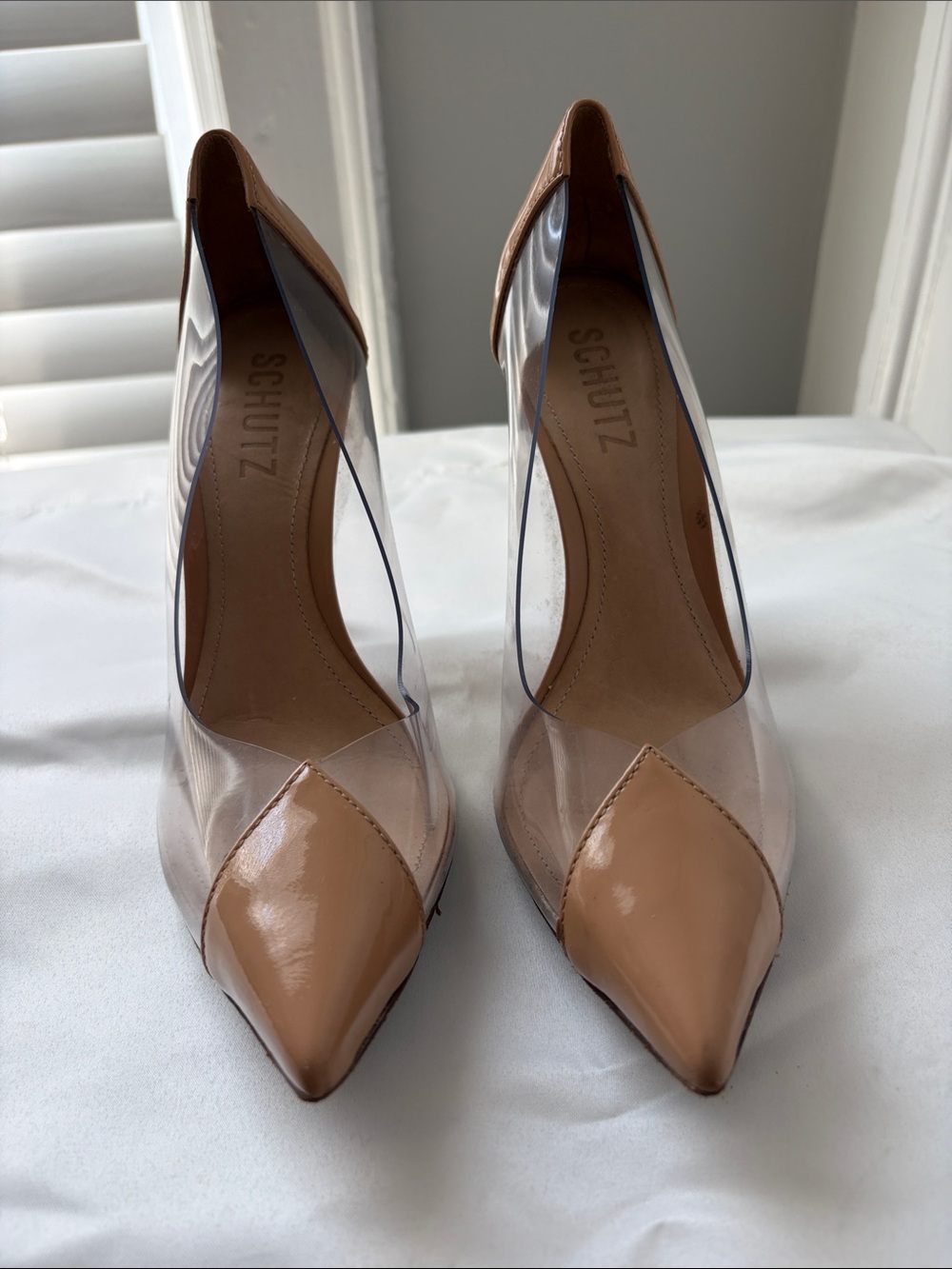 SCHUTZ Nude Patent and Clear Pointed-Toe Pumps
